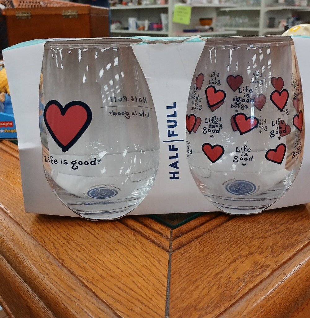 Life is Good Heart Stemless Wine Glasses - Set of 2 (Red Hearts)